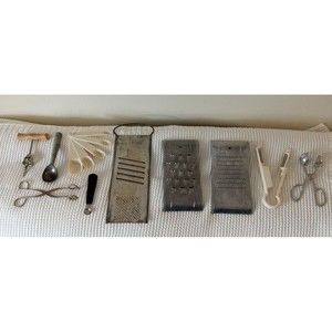 Vintage kitchen utensils cheese grater slicer tongs spoons Lot of 10